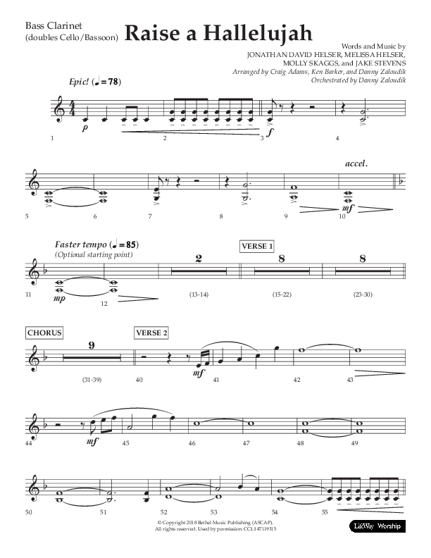 Raise A Hallelujah (Choral Anthem SATB) Bass Clarinet (Lifeway Choral / Arr. Craig Adams / Arr. Ken Barker / Arr. Danny Zaloudik)