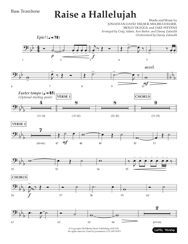Raise A Hallelujah (Choral Anthem SATB) Bass Trombone (Lifeway Choral / Arr. Craig Adams / Arr. Ken Barker / Arr. Danny Zaloudik)
