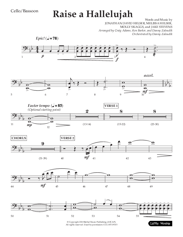 Raise A Hallelujah (Choral Anthem SATB) Cello (Lifeway Choral / Arr. Craig Adams / Arr. Ken Barker / Arr. Danny Zaloudik)