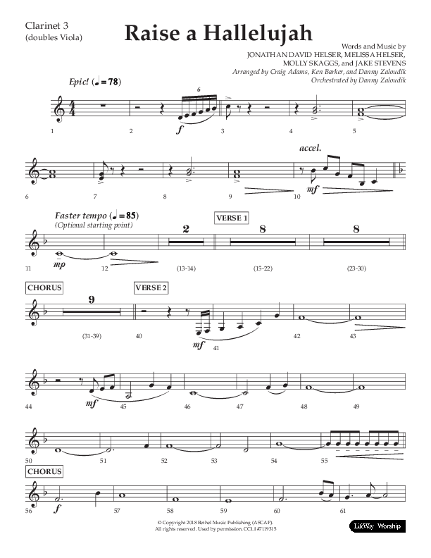 Raise A Hallelujah (Choral Anthem SATB) Clarinet 3 (Lifeway Choral / Arr. Craig Adams / Arr. Ken Barker / Arr. Danny Zaloudik)