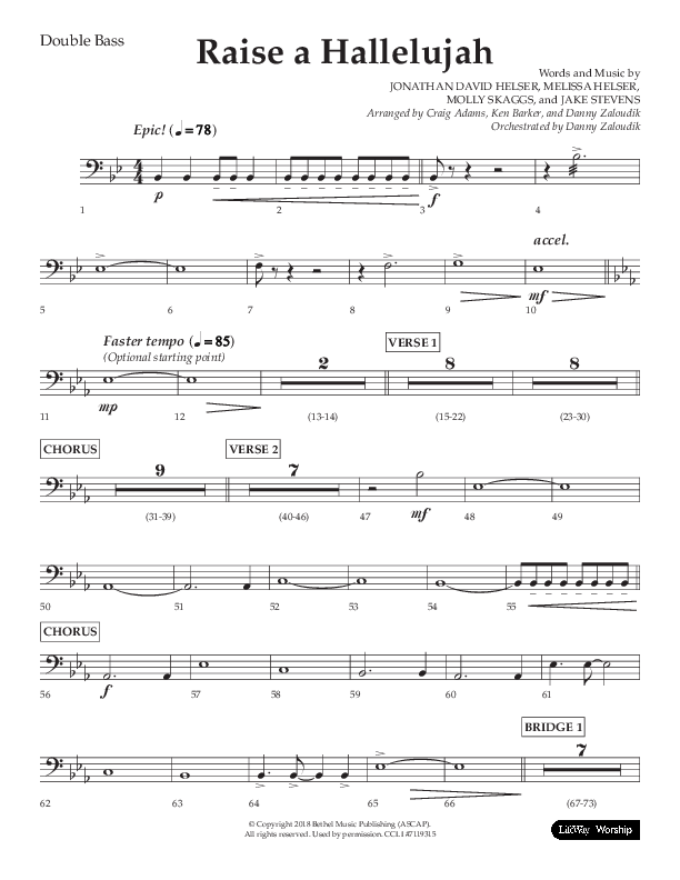 Raise A Hallelujah (Choral Anthem SATB) Double Bass (Lifeway Choral / Arr. Craig Adams / Arr. Ken Barker / Arr. Danny Zaloudik)