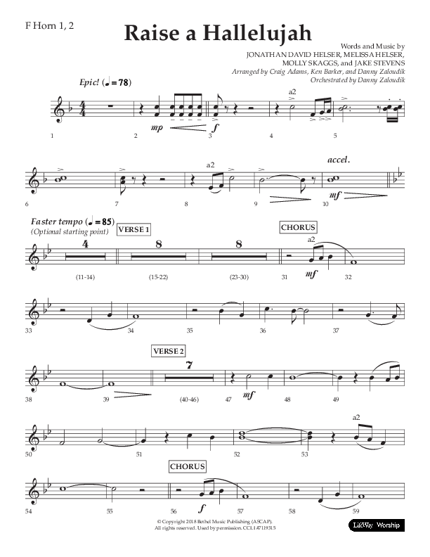Raise A Hallelujah (Choral Anthem SATB) French Horn 1/2 (Lifeway Choral / Arr. Craig Adams / Arr. Ken Barker / Arr. Danny Zaloudik)