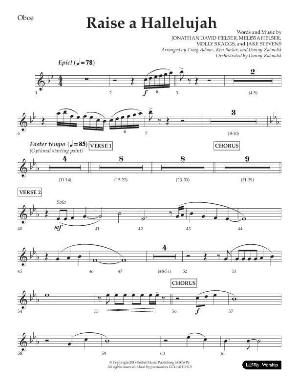 Raise A Hallelujah (Choral Anthem SATB) Oboe (Lifeway Choral / Arr. Craig Adams / Arr. Ken Barker / Arr. Danny Zaloudik)