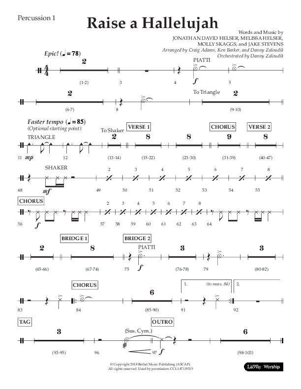 Raise A Hallelujah (Choral Anthem SATB) Percussion (Lifeway Choral / Arr. Craig Adams / Arr. Ken Barker / Arr. Danny Zaloudik)