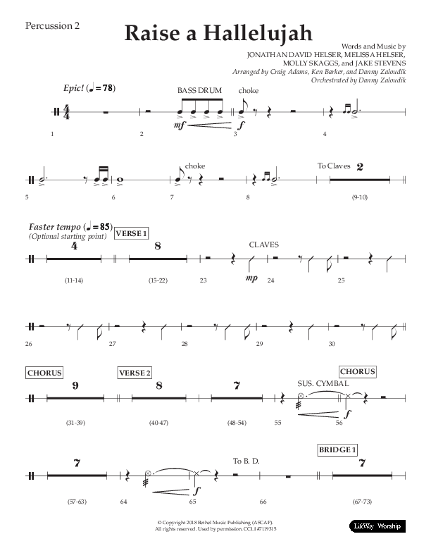 Raise A Hallelujah (Choral Anthem SATB) Percussion (Lifeway Choral / Arr. Craig Adams / Arr. Ken Barker / Arr. Danny Zaloudik)