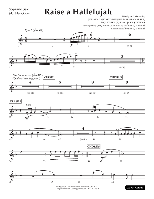 Raise A Hallelujah (Choral Anthem SATB) Soprano Sax (Lifeway Choral / Arr. Craig Adams / Arr. Ken Barker / Arr. Danny Zaloudik)