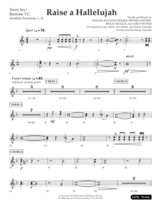 Raise A Hallelujah (Choral Anthem SATB) Tenor Sax/Baritone T.C. (Lifeway Choral / Arr. Craig Adams / Arr. Ken Barker / Arr. Danny Zaloudik)