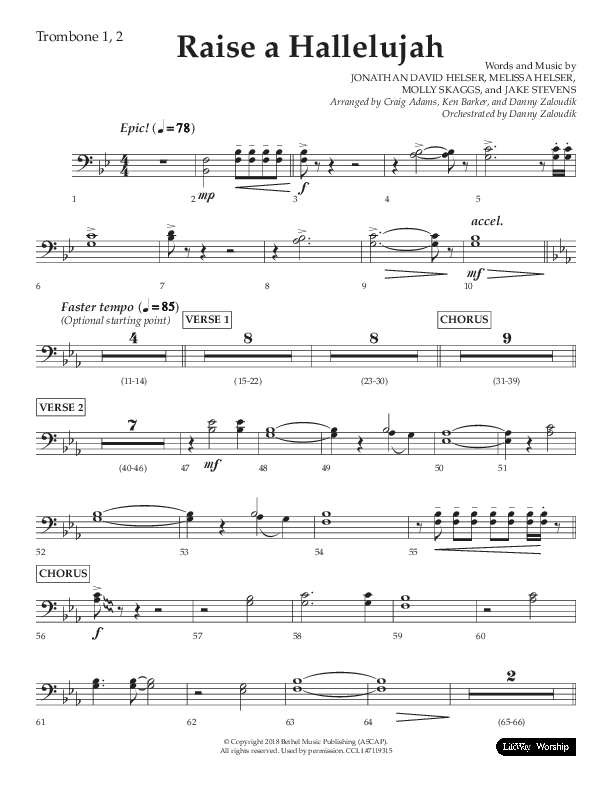 Raise A Hallelujah (Choral Anthem SATB) Trombone 1/2 (Lifeway Choral / Arr. Craig Adams / Arr. Ken Barker / Arr. Danny Zaloudik)