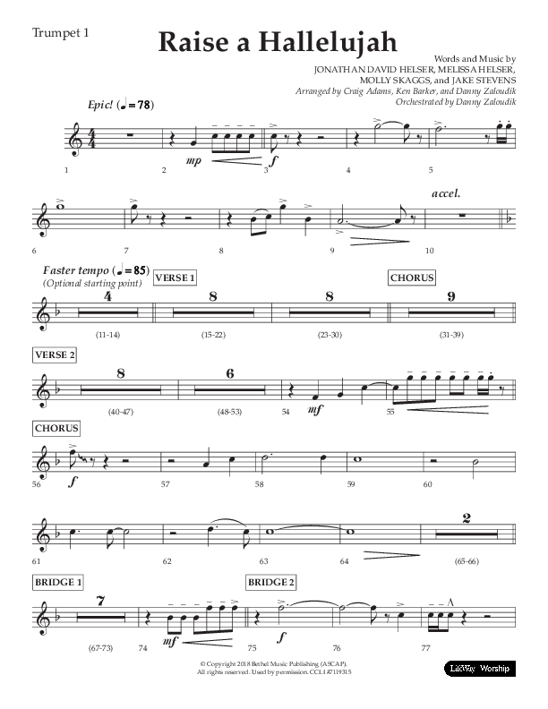 Raise A Hallelujah (Choral Anthem SATB) Trumpet 1 (Lifeway Choral / Arr. Craig Adams / Arr. Ken Barker / Arr. Danny Zaloudik)