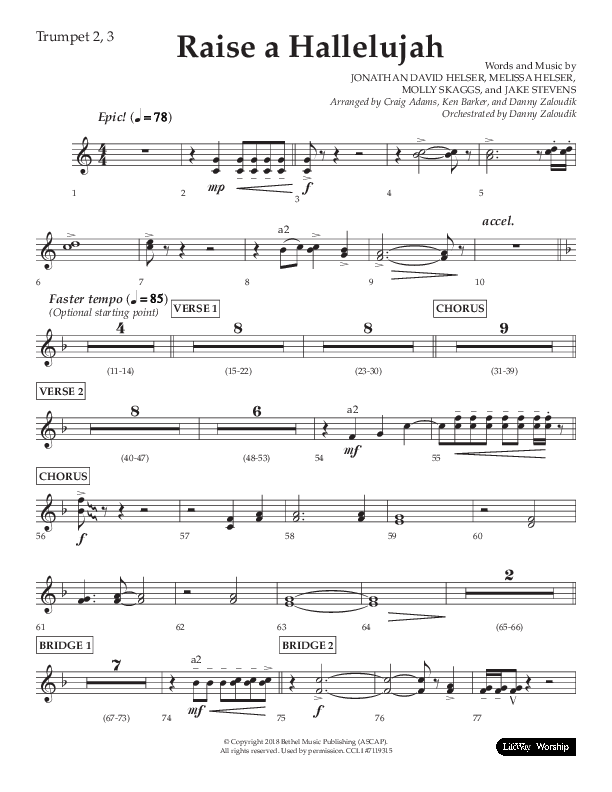 Raise A Hallelujah (Choral Anthem SATB) Trumpet 2/3 (Lifeway Choral / Arr. Craig Adams / Arr. Ken Barker / Arr. Danny Zaloudik)