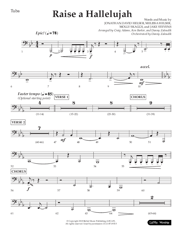 Raise A Hallelujah (Choral Anthem SATB) Tuba (Lifeway Choral / Arr. Craig Adams / Arr. Ken Barker / Arr. Danny Zaloudik)