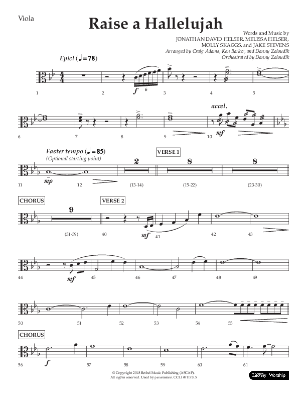Raise A Hallelujah (Choral Anthem SATB) Viola (Lifeway Choral / Arr. Craig Adams / Arr. Ken Barker / Arr. Danny Zaloudik)