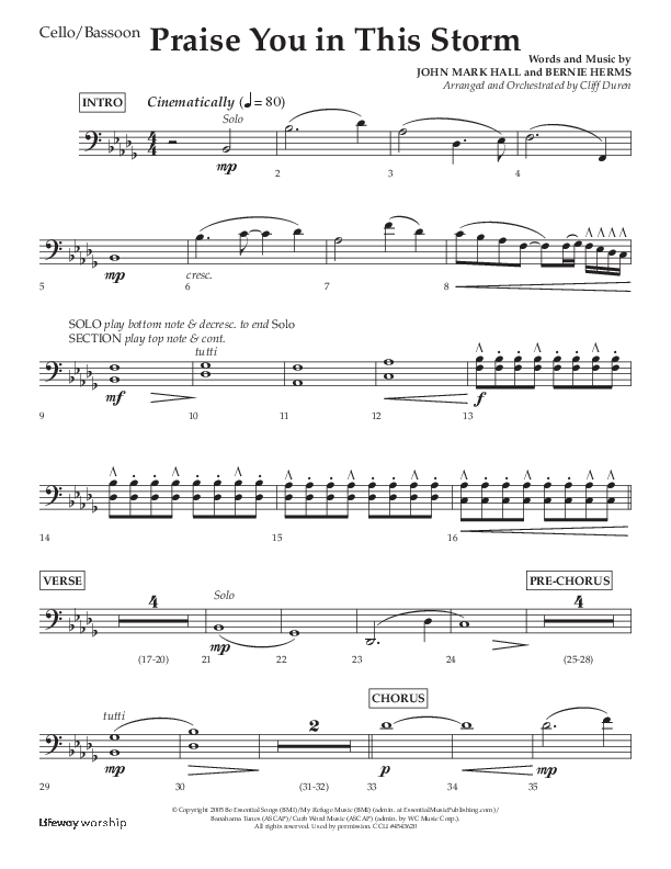 Praise You In This Storm (Choral Anthem SATB) Cello (Lifeway Choral / Arr. Cliff Duren)