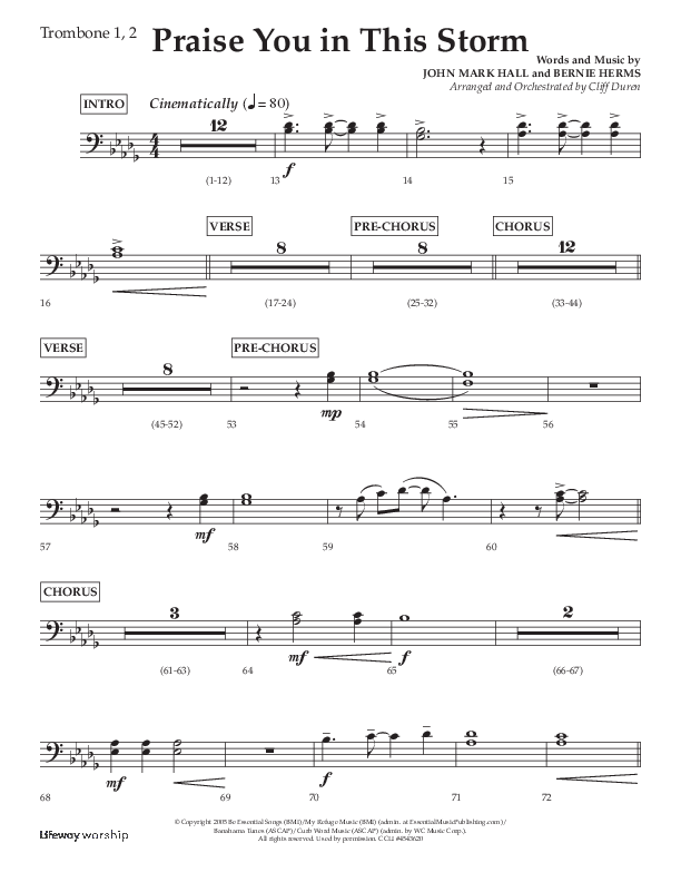 Praise You In This Storm (Choral Anthem SATB) Trombone 1/2 (Lifeway Choral / Arr. Cliff Duren)