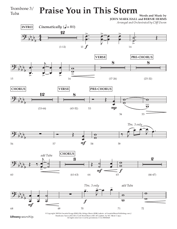 Praise You In This Storm (Choral Anthem SATB) Trombone 3/Tuba (Lifeway Choral / Arr. Cliff Duren)
