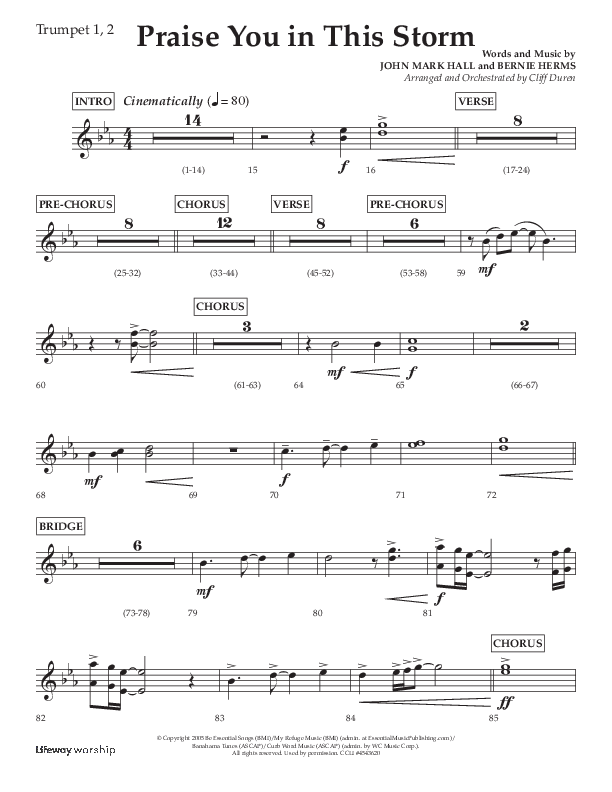 Praise You In This Storm (Choral Anthem SATB) Trumpet 1,2 (Lifeway Choral / Arr. Cliff Duren)