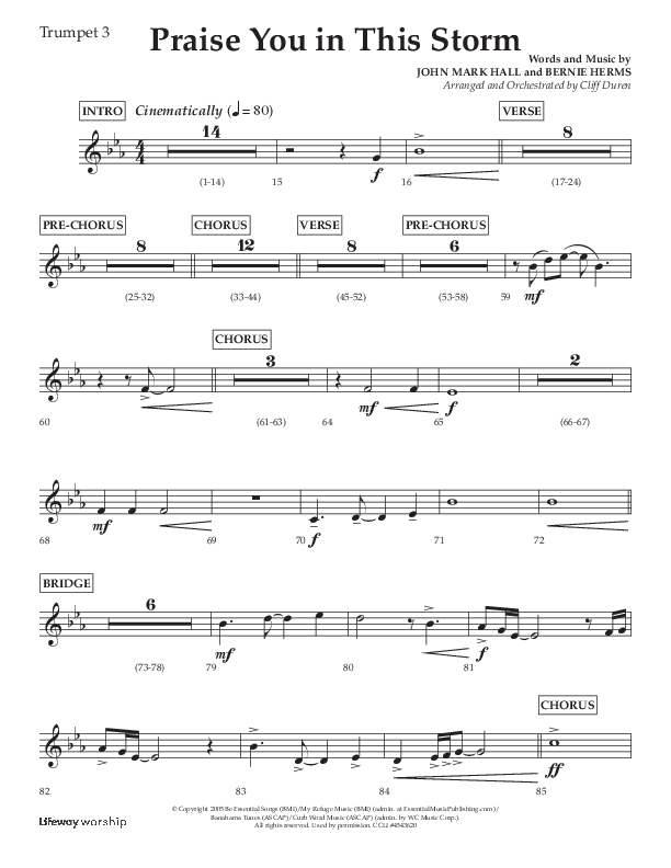 Praise You In This Storm (Choral Anthem SATB) Trumpet 3 (Lifeway Choral / Arr. Cliff Duren)