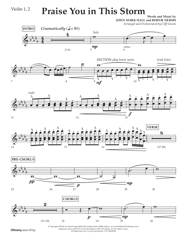 Praise You In This Storm (Choral Anthem SATB) Violin 1/2 (Lifeway Choral / Arr. Cliff Duren)