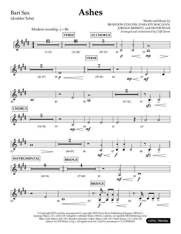 Ashes (Choral Anthem SATB) Bari Sax (Lifeway Choral / Arr. Cliff Duren)