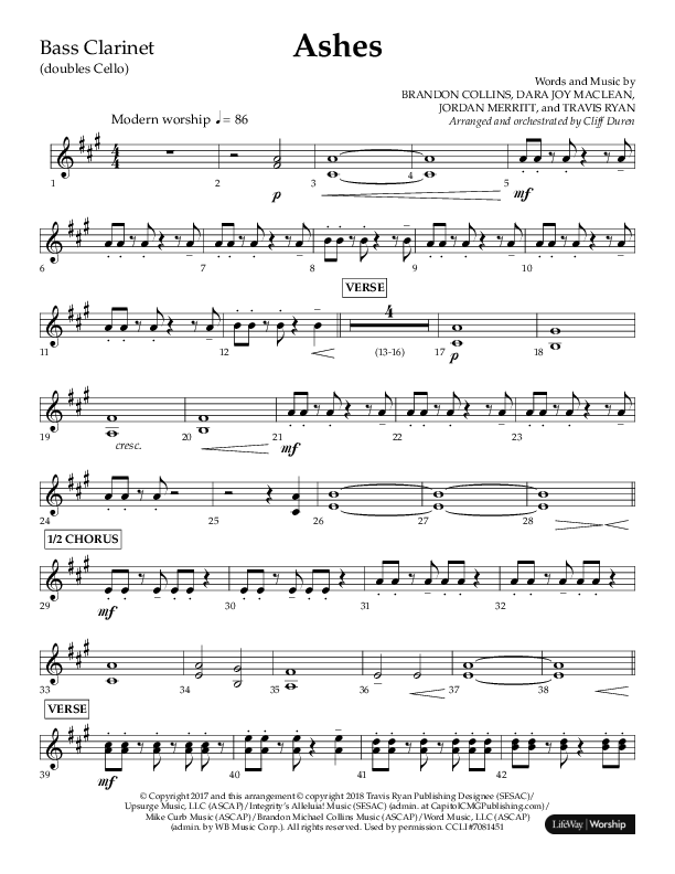 Ashes (Choral Anthem SATB) Bass Clarinet (Lifeway Choral / Arr. Cliff Duren)