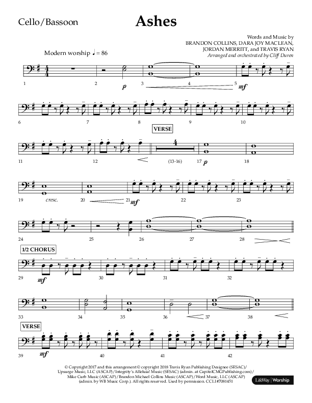 Ashes (Choral Anthem SATB) Cello (Lifeway Choral / Arr. Cliff Duren)
