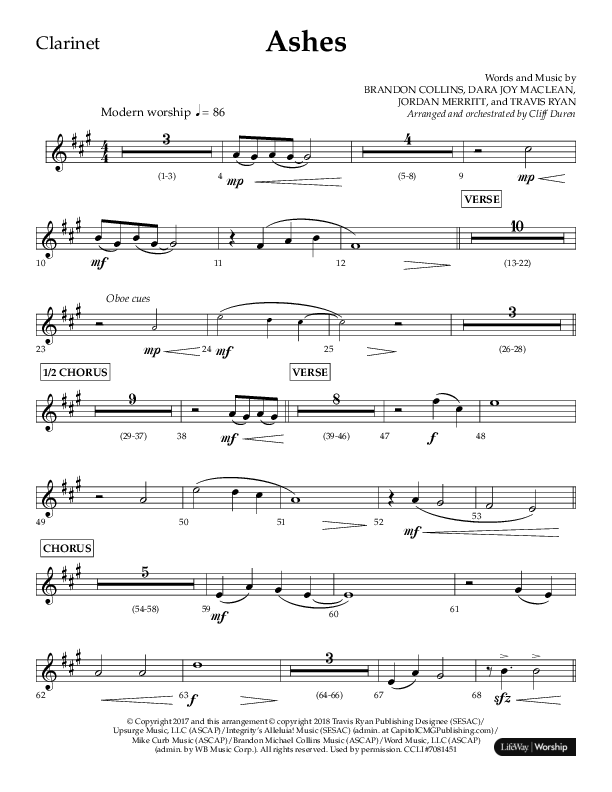 Ashes (Choral Anthem SATB) Clarinet 1/2 (Lifeway Choral / Arr. Cliff Duren)