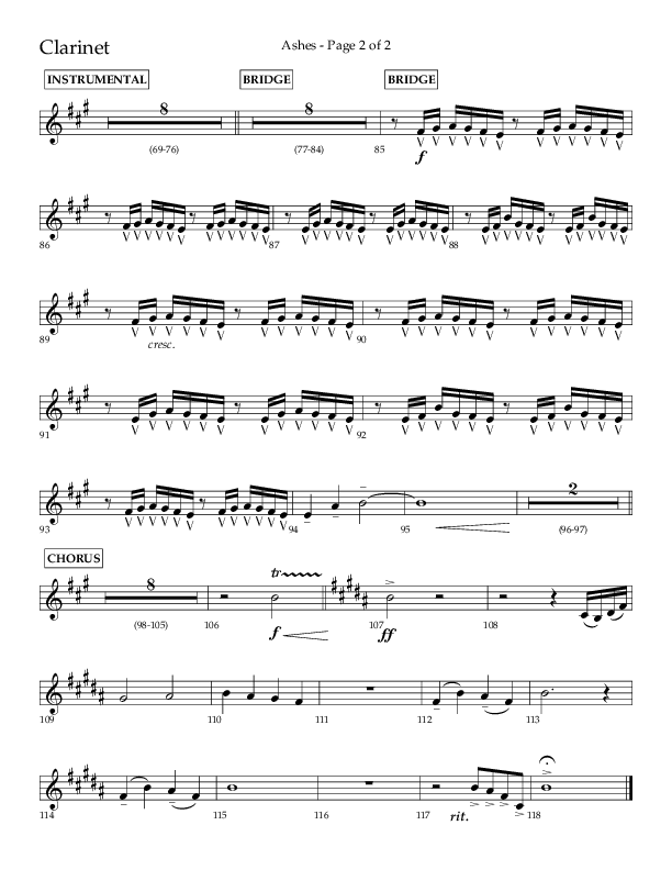 Ashes (Choral Anthem SATB) Clarinet 1/2 (Lifeway Choral / Arr. Cliff Duren)