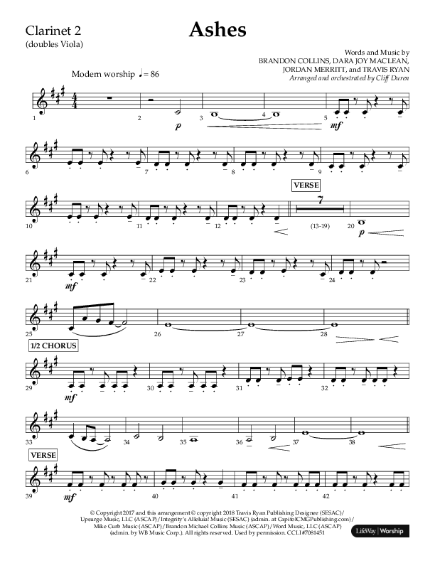 Ashes (Choral Anthem SATB) Clarinet 1/2 (Lifeway Choral / Arr. Cliff Duren)