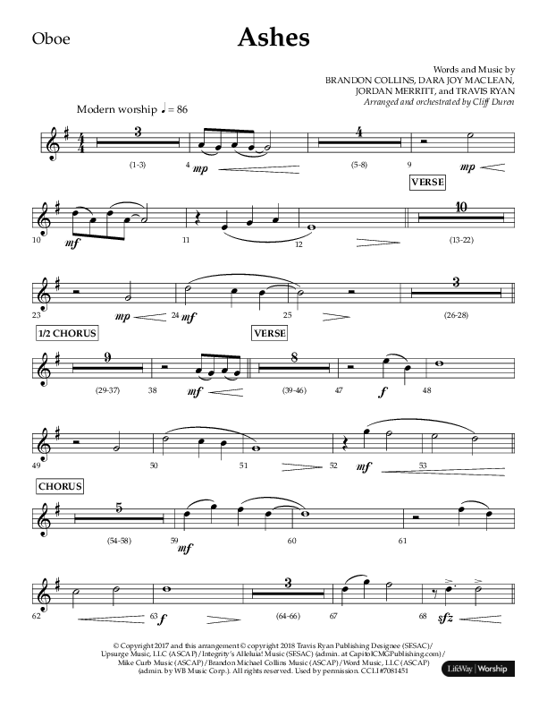 Ashes (Choral Anthem SATB) Oboe (Lifeway Choral / Arr. Cliff Duren)