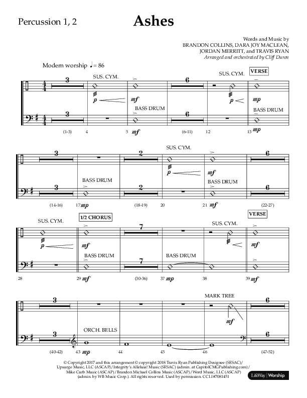 Ashes (Choral Anthem SATB) Percussion 1/2 (Lifeway Choral / Arr. Cliff Duren)