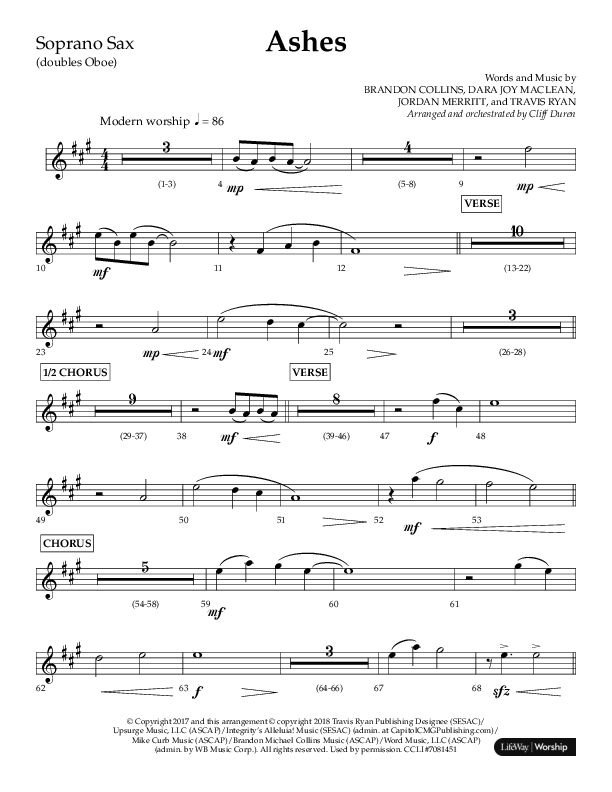 Ashes (Choral Anthem SATB) Soprano Sax (Lifeway Choral / Arr. Cliff Duren)