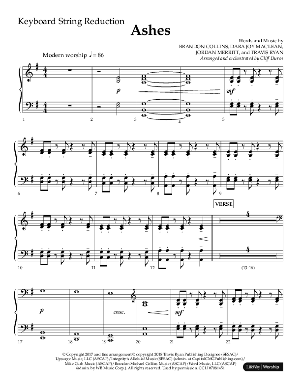 Ashes (Choral Anthem SATB) String Reduction (Lifeway Choral / Arr. Cliff Duren)