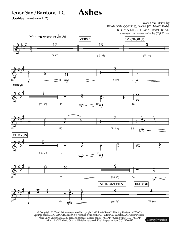 Ashes (Choral Anthem SATB) Tenor Sax/Baritone T.C. (Lifeway Choral / Arr. Cliff Duren)