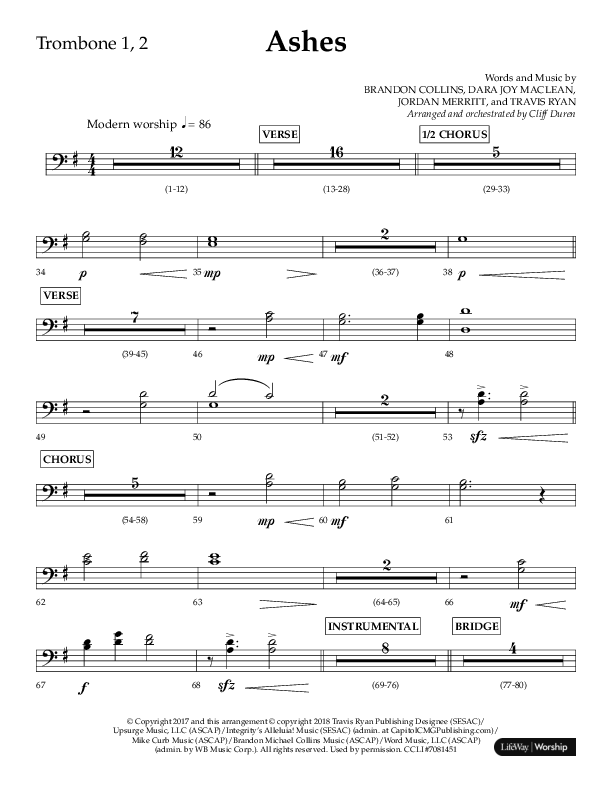 Ashes (Choral Anthem SATB) Trombone 1/2 (Lifeway Choral / Arr. Cliff Duren)