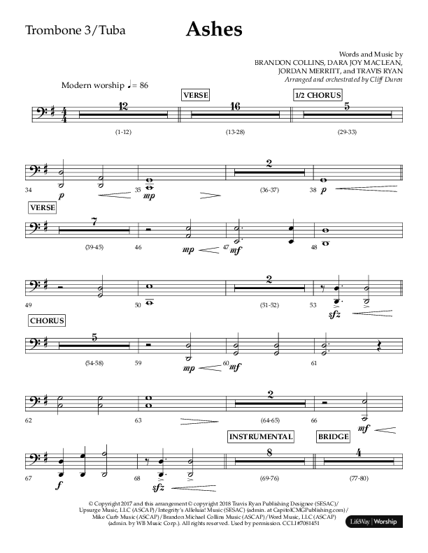 Ashes (Choral Anthem SATB) Trombone 3/Tuba (Lifeway Choral / Arr. Cliff Duren)