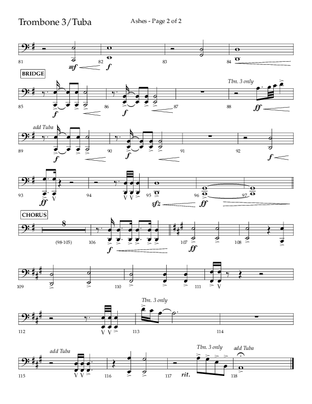 Ashes (Choral Anthem SATB) Trombone 3/Tuba (Lifeway Choral / Arr. Cliff Duren)