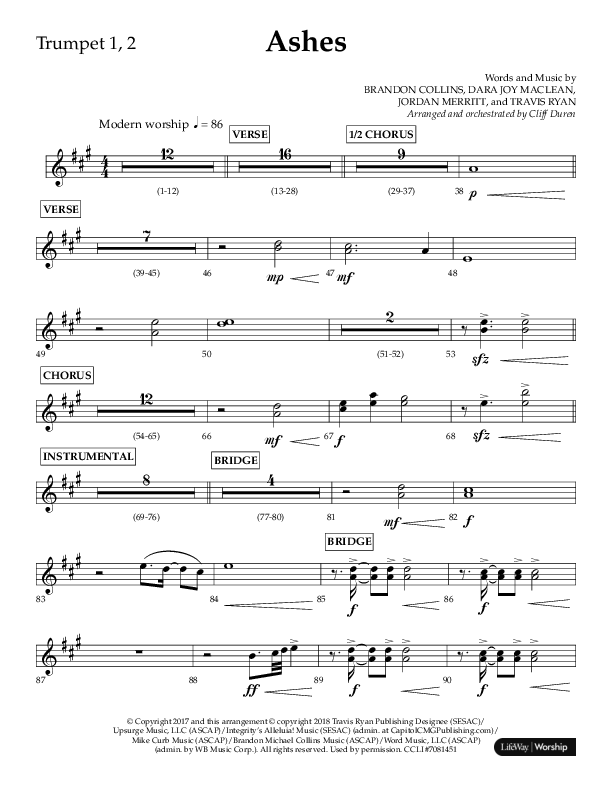 Ashes (Choral Anthem SATB) Trumpet 1,2 (Lifeway Choral / Arr. Cliff Duren)