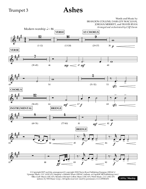Ashes (Choral Anthem SATB) Trumpet 3 (Lifeway Choral / Arr. Cliff Duren)