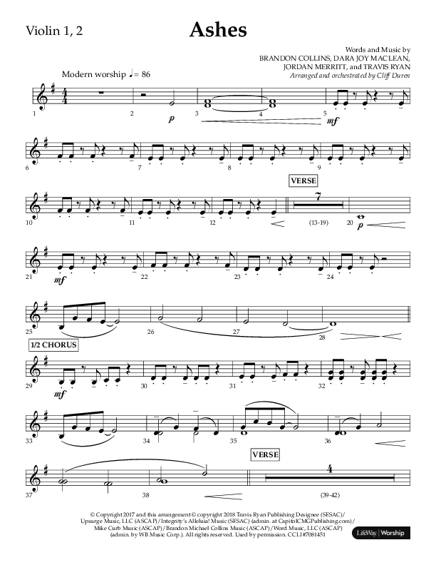 Ashes (Choral Anthem SATB) Violin 1/2 (Lifeway Choral / Arr. Cliff Duren)