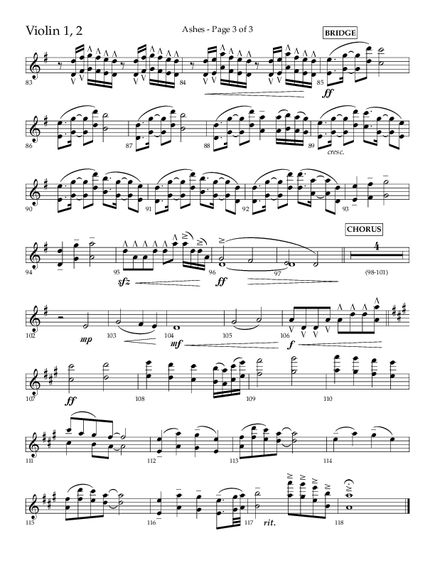 Ashes (Choral Anthem SATB) Violin 1/2 (Lifeway Choral / Arr. Cliff Duren)