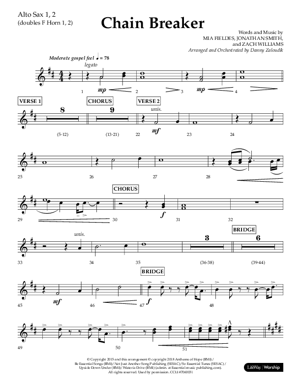 Chain Breaker (Choral Anthem SATB) Alto Sax 1/2 (Lifeway Choral / Arr. Danny Zaloudik)