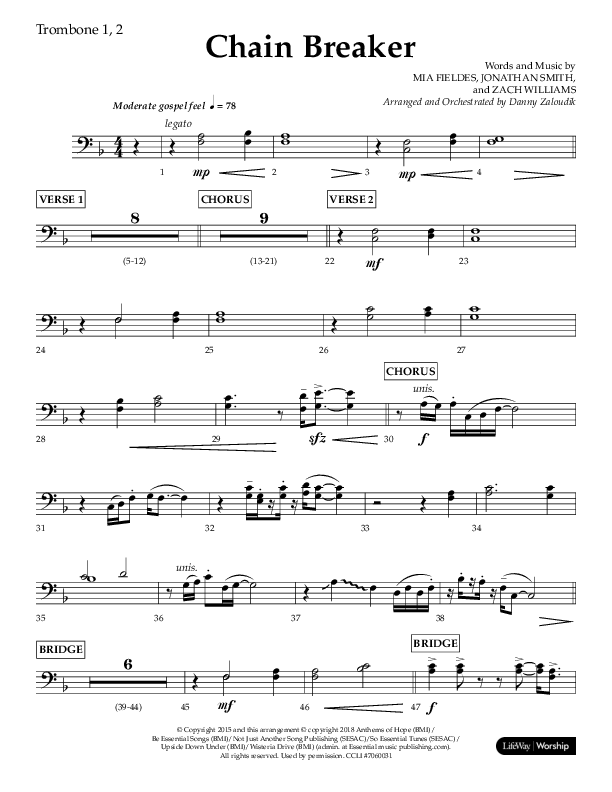 Chain Breaker (Choral Anthem SATB) Trombone 1/2 (Lifeway Choral / Arr. Danny Zaloudik)
