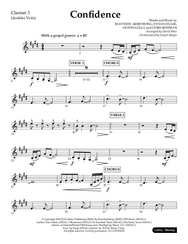 Confidence (Choral Anthem SATB) Clarinet 3 (Lifeway Choral / Arr. David Wise / Orch. David Shipps)