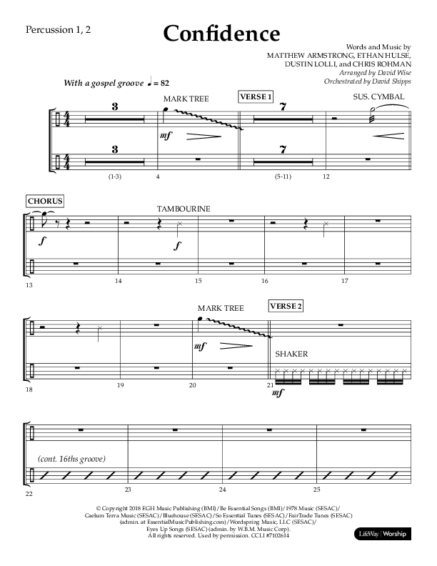 Confidence (Choral Anthem SATB) Percussion 1/2 (Lifeway Choral / Arr. David Wise / Orch. David Shipps)