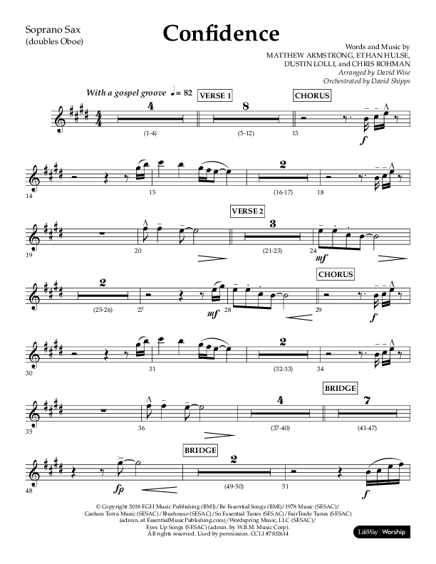 Confidence (Choral Anthem SATB) Soprano Sax (Lifeway Choral / Arr. David Wise / Orch. David Shipps)