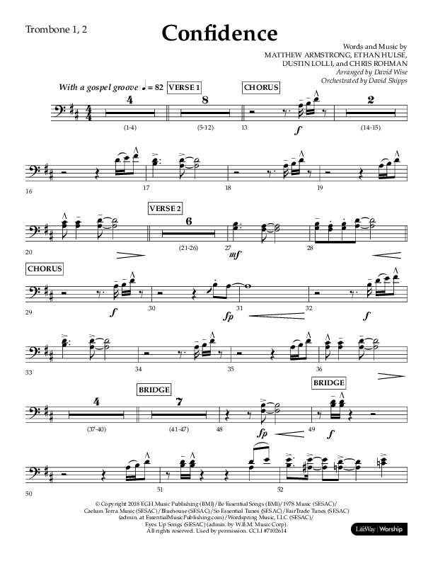 Confidence (Choral Anthem SATB) Trombone 1/2 (Lifeway Choral / Arr. David Wise / Orch. David Shipps)