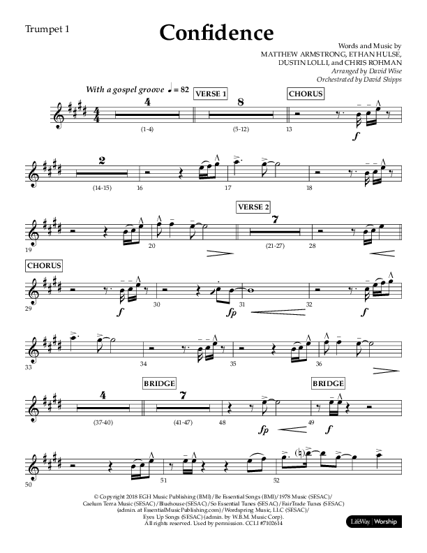 Confidence (Choral Anthem SATB) Trumpet 1 (Lifeway Choral / Arr. David Wise / Orch. David Shipps)
