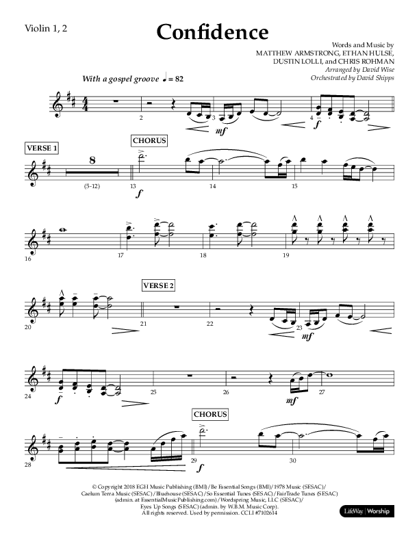 Confidence (Choral Anthem SATB) Violin 1/2 (Lifeway Choral / Arr. David Wise / Orch. David Shipps)