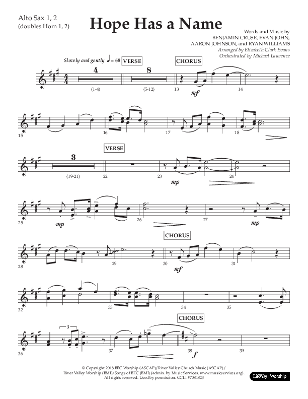 Hope Has A Name (Choral Anthem SATB) Alto Sax 1/2 (Lifeway Choral / Arr. Elizabeth Clark Evans / Orch. Michael Lawrence)