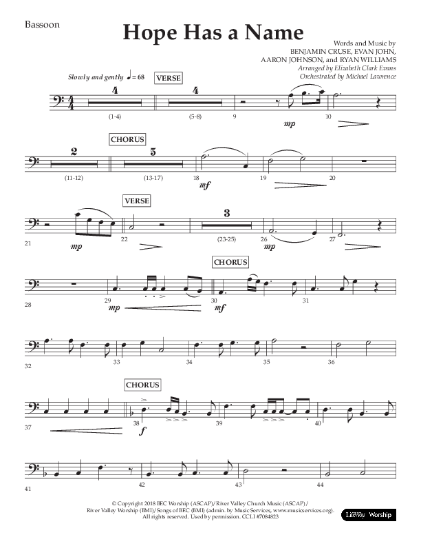 Hope Has A Name (Choral Anthem SATB) Bassoon (Lifeway Choral / Arr. Elizabeth Clark Evans / Orch. Michael Lawrence)